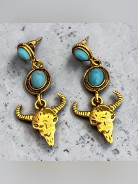 Gold-Tone Turquoise Drop Earrings with Bull Skull Charm